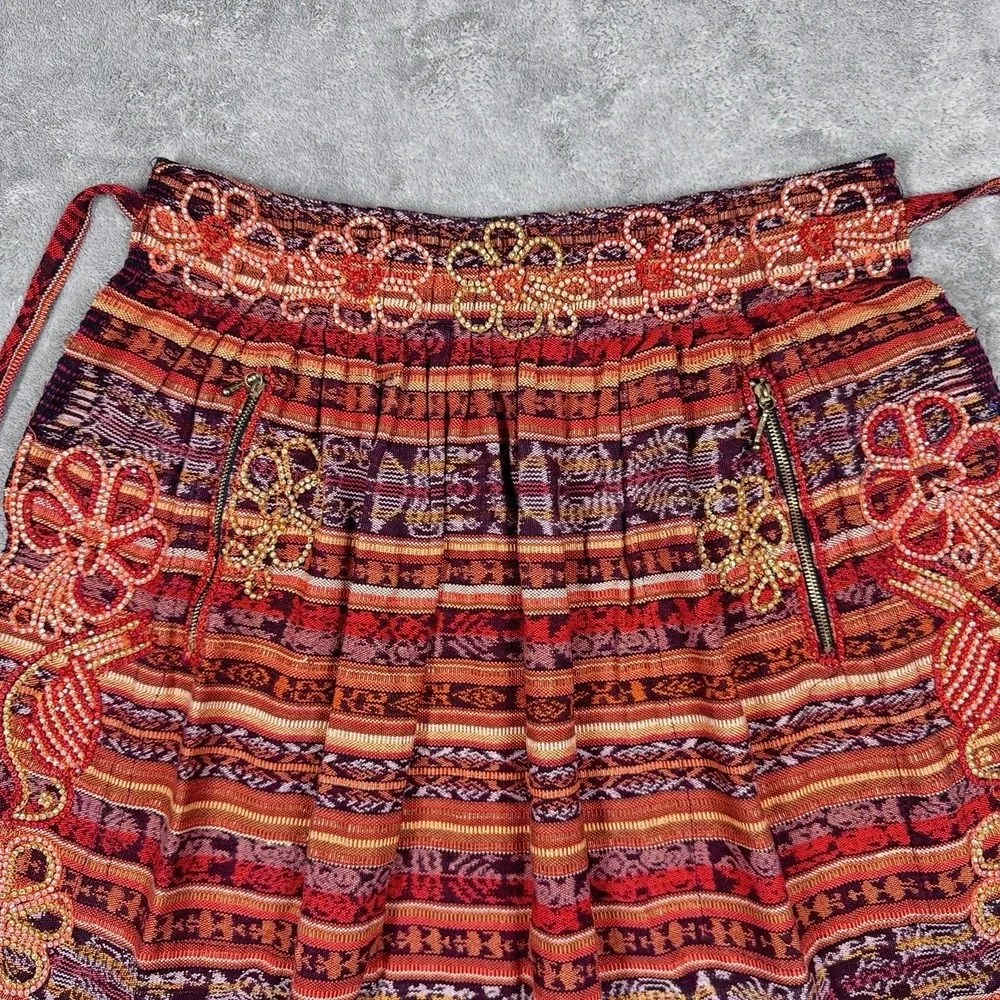 Handmade Guatemalan Embroidered Beaded Apron Floral Folk Art Boho Zipper Pockets